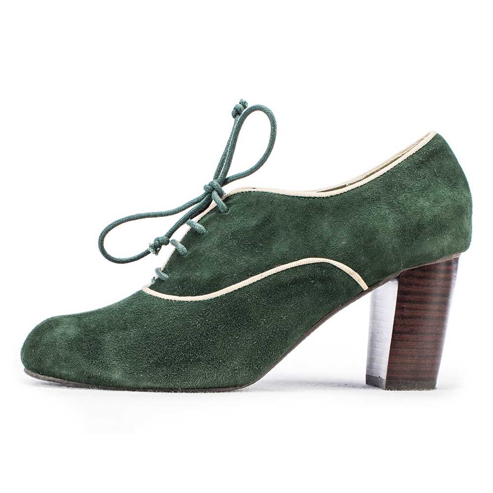 Dark Green Faux Suede Round Toe Chunky Heel Lace-Up Oxford Shoes Nicepairs