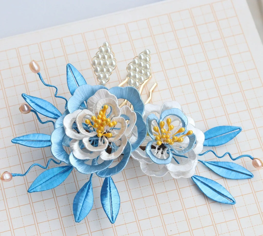 Silk Wrapped Flowers Pearl Hairpin Hanfu Headdress