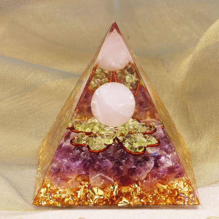 Rose Quartz Sphere With Amethyst Peridot Orgone Pyramid