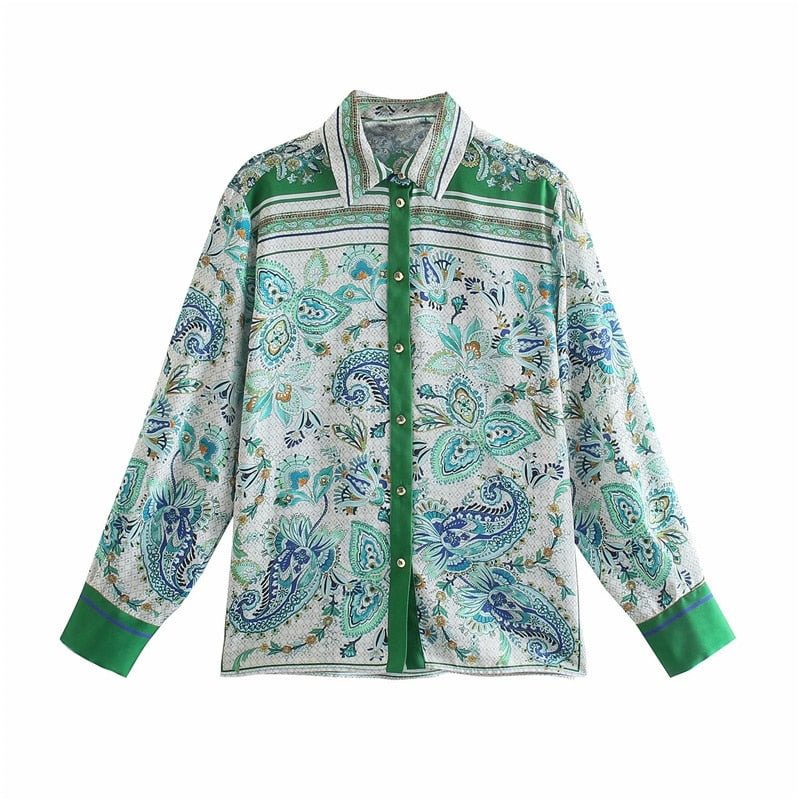 PUWD Vinatge Woman Green Loose Print Shirts 2021 Spring Fashion Ladies Oversized Patchwork Button Shirts Female Chic Beach Tops