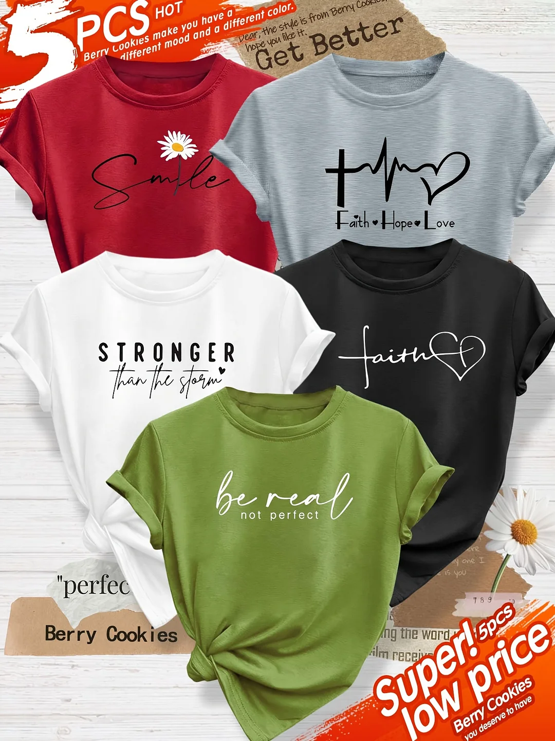 5pcs Set Mixed Pack Minimalist Clear Line English Pattern Fashion Print Elegant Retro Style Women's Spring Autumn Summer Casual Sporty Round Neck Short Sleeve T-Shirt, Multiple Colors Available S-Xxl | IFYHOME