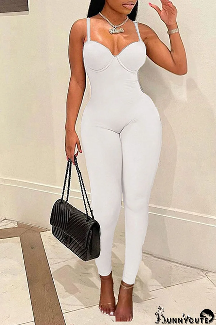 White Sexy Solid Split Joint Spaghetti Strap Skinny Jumpsuits
