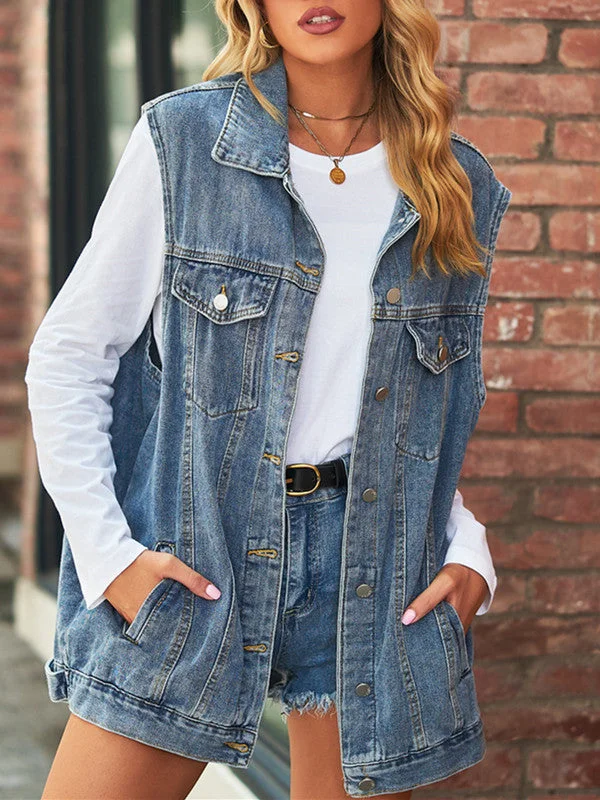 Retro Lapel Neck Denim Vest Outwear