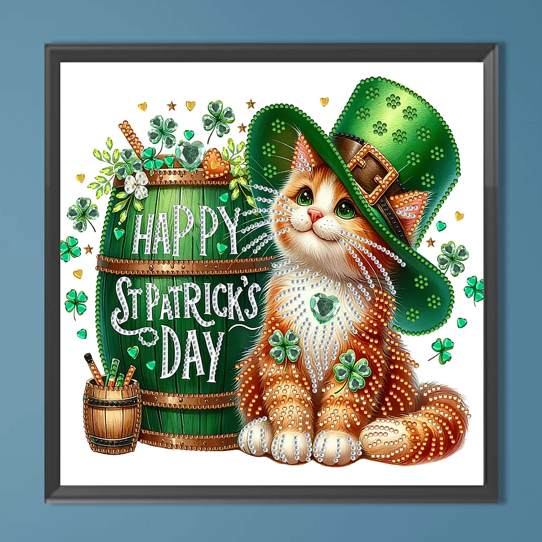 St Patricks Day Cat Special Shaped 5D DIY Partial Drill Diamonds Dots Gem Art Kits for Adults Beginners Home Decor Diamonds Paintings Gem Art 11.81 X11.81inch