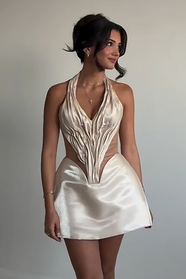 Mesh Patchwork Ruched Corset Halter Mini Liquid Dresses-Beige [Pre Order]