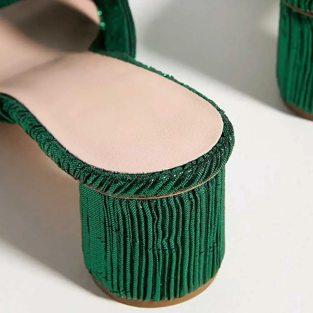 Fresh Green Open Toe Wrinkled Women's Block Heeled Sandals with Bow