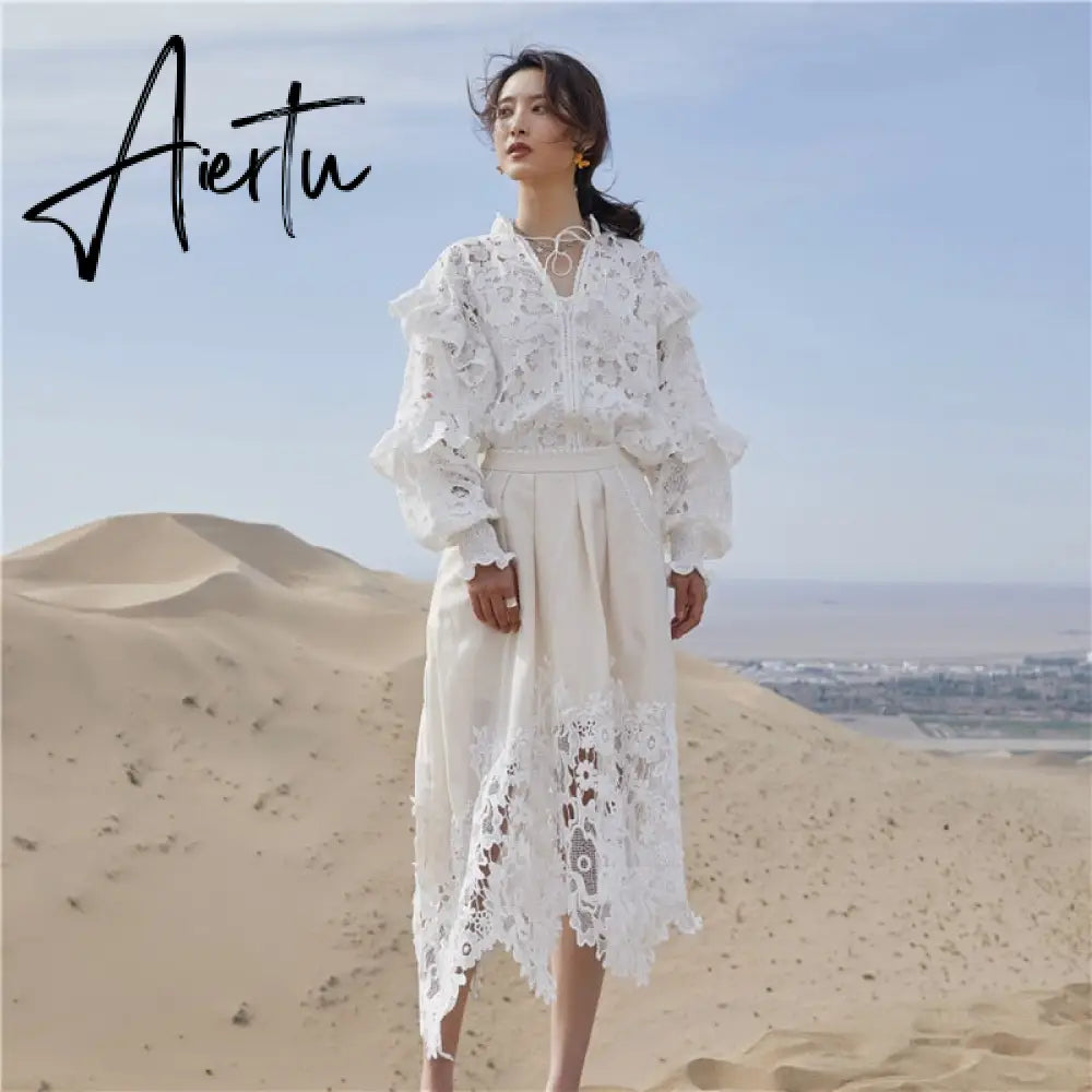 Autumn Elegant Lace Women's Two Piece Sets Embroidery Hollow Out Petal Sleeve Loose Blouse + Asymmetric Skirt Outfits Aiertu