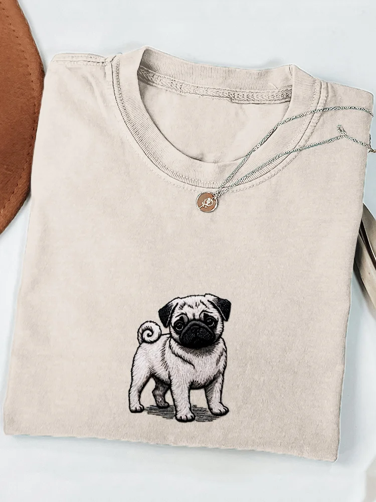 Cute Pug Embroidered Crew Neck Comfy T Shirt