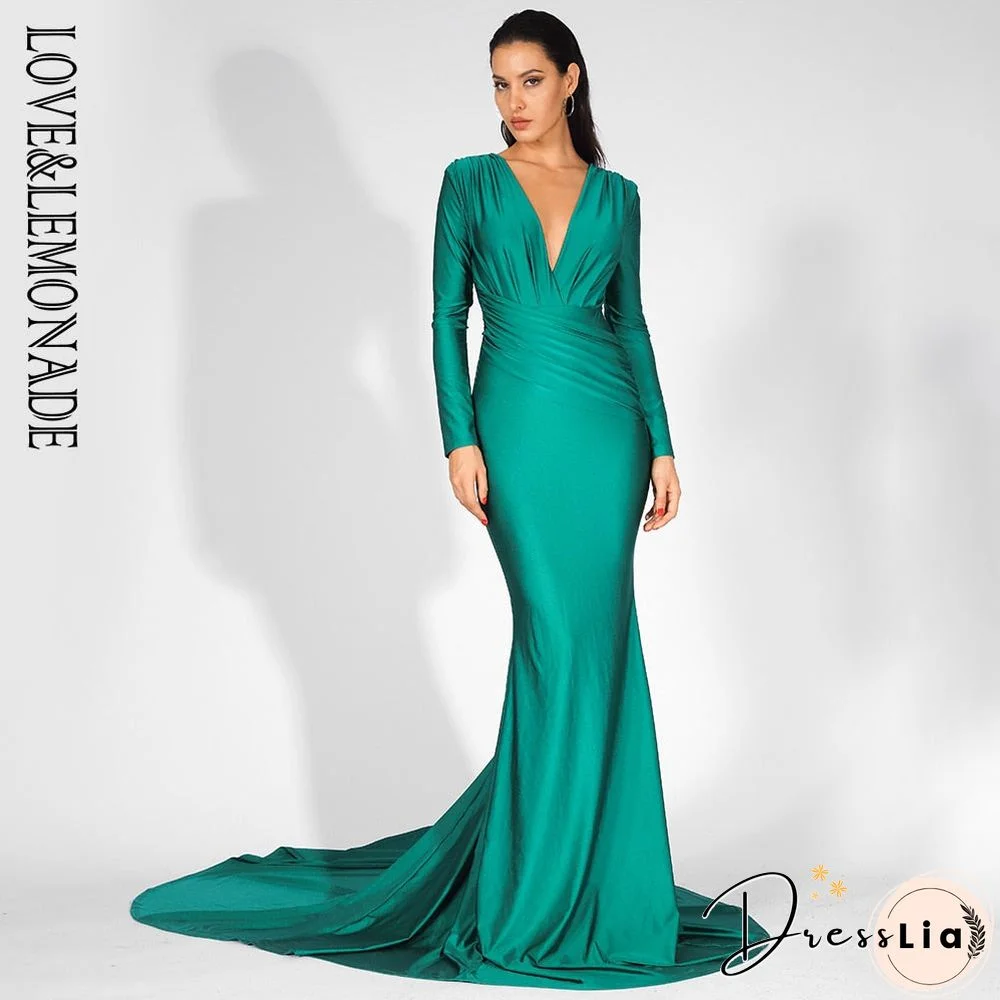 Sexy Green Deep V-Neck Slim Fit Elastic Fabric Trai Maxi Dress LM81535