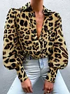 V-Neck Puff Sleeves Button Leopard Print Blouses&Shirts Tops