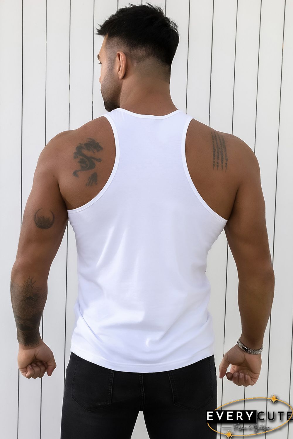 White DUCT TAPE Letter Print Muscle Fit Racerback Tank Top