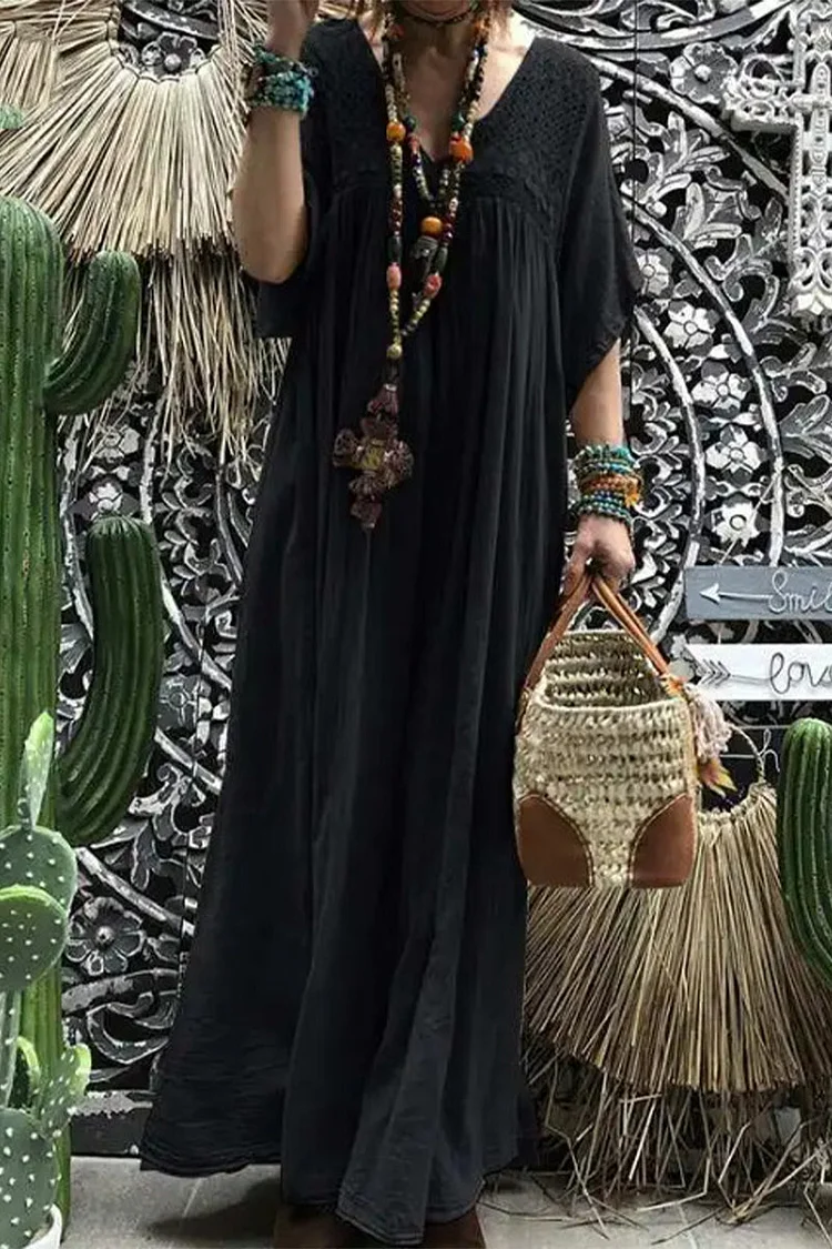 Casual Solid Lace V Neck A Line Dresses(No accessories)