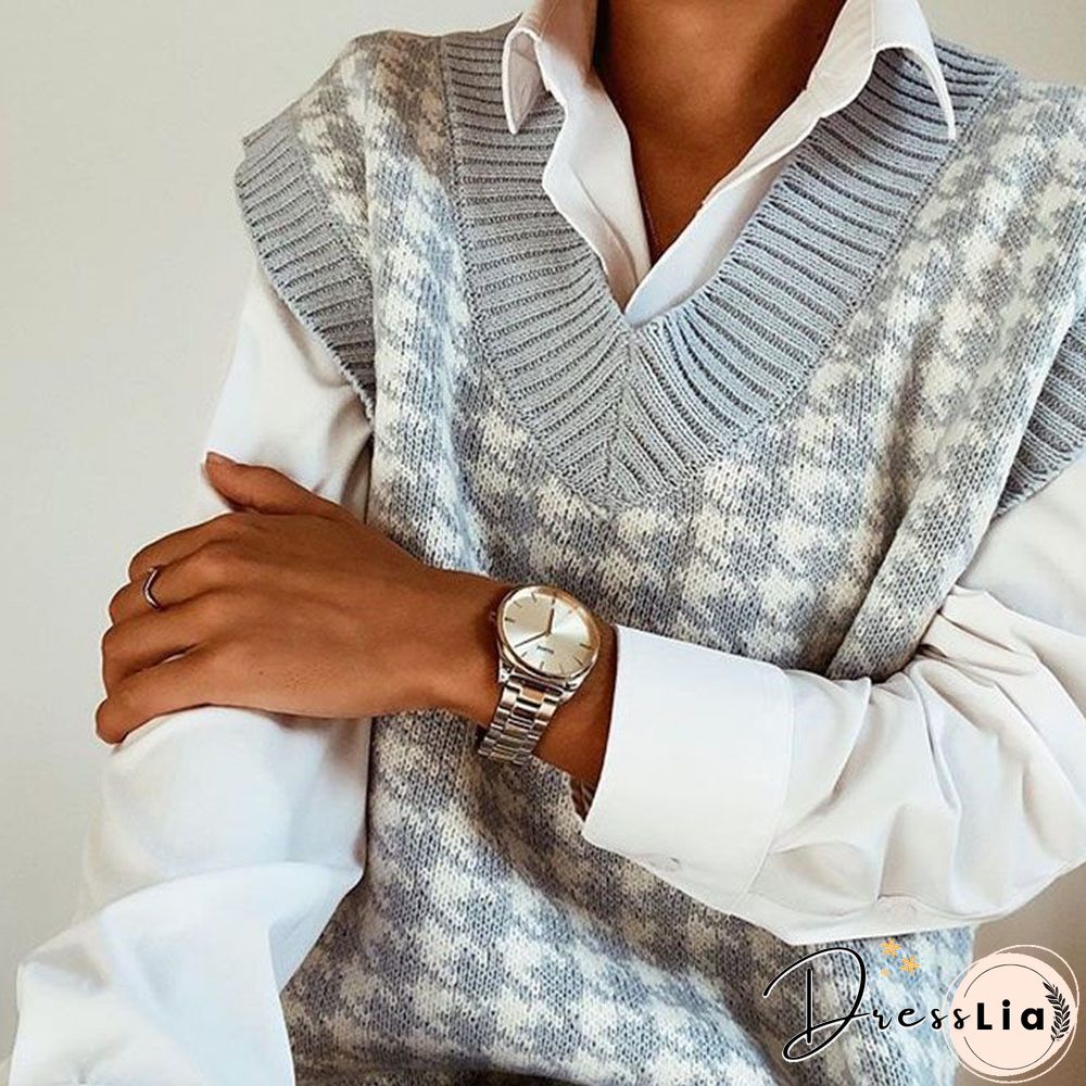 Checkered Cropped Knitted Tank Argyle Sleeveless Jumper