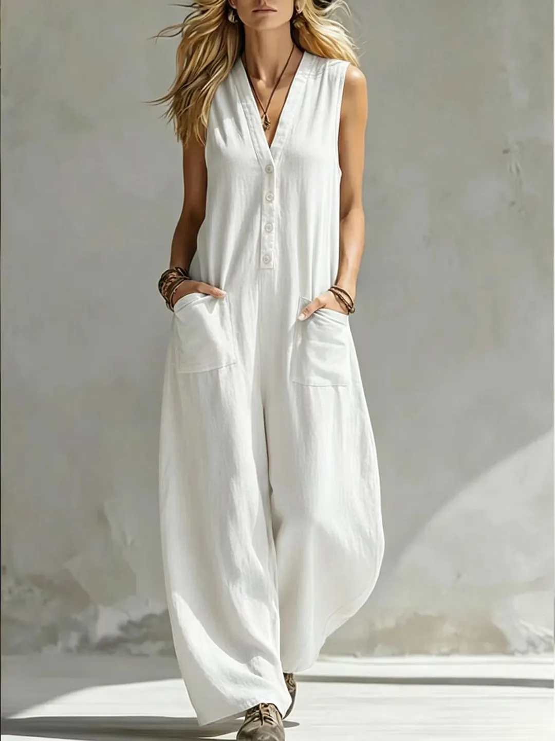 Women's Sleeveless V Neck Linen Jumpsuit