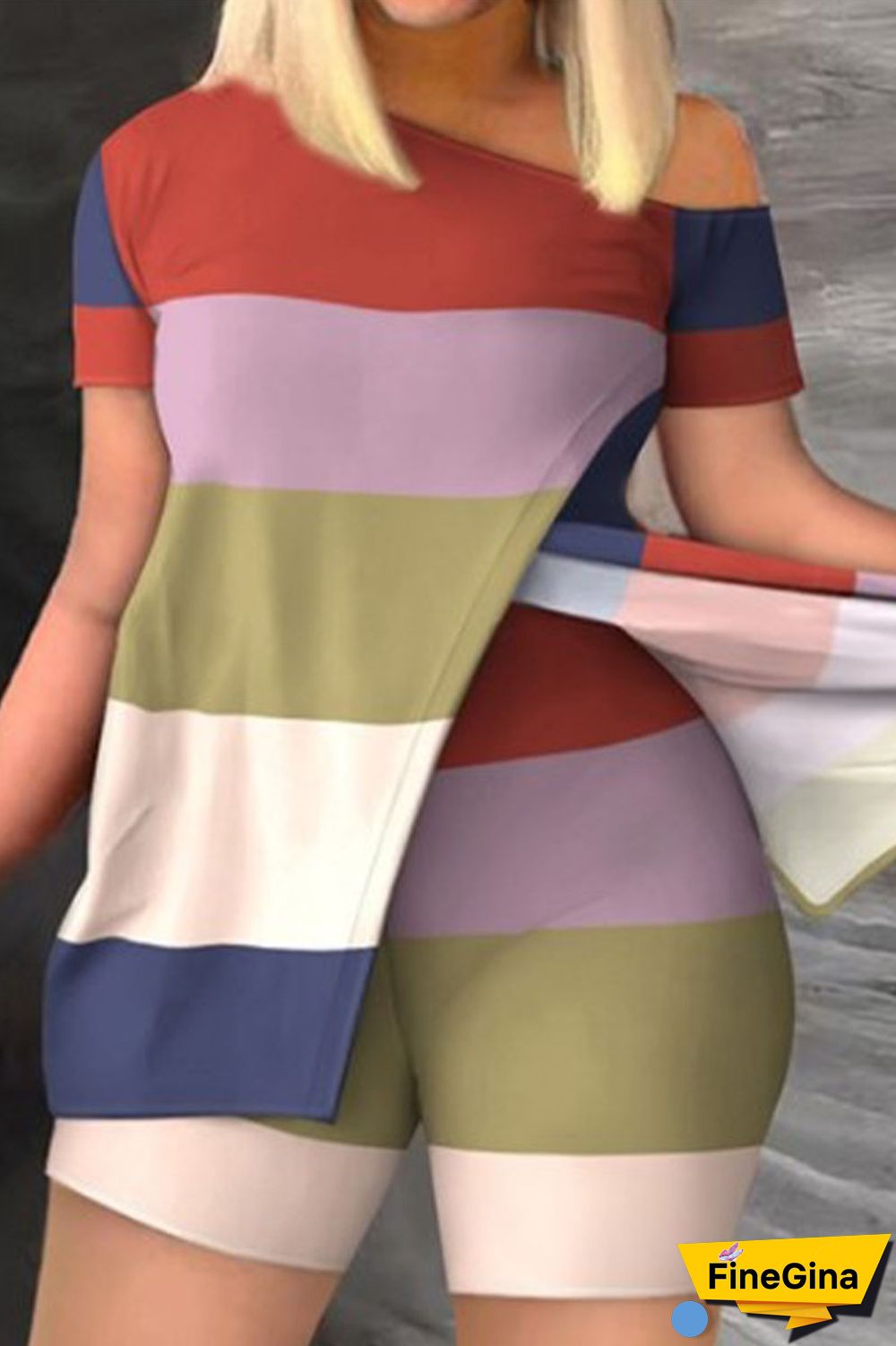 Colour Casual Work Street Print Patchwork Slit Oblique Collar Short Sleeve Two Pieces