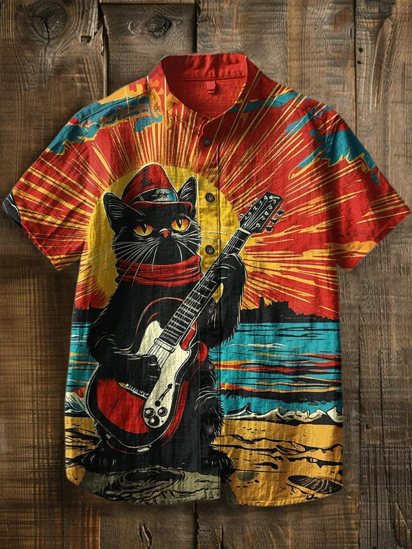 Men's Black Cat Playing Guitar By The Seaside Print Short Sleeve Shirt