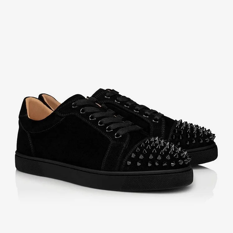 Gentleman's Black Suede Low Top Sneakers with Front Rivet Red Bottom Shoes VOCOSI VOCOSI