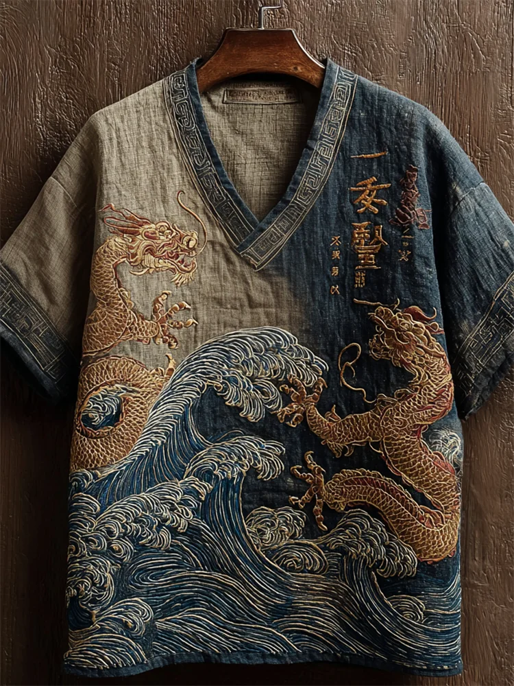 Japanese Dragons & Sea Waves Embroidered Contrast Gradient Linen Shirt