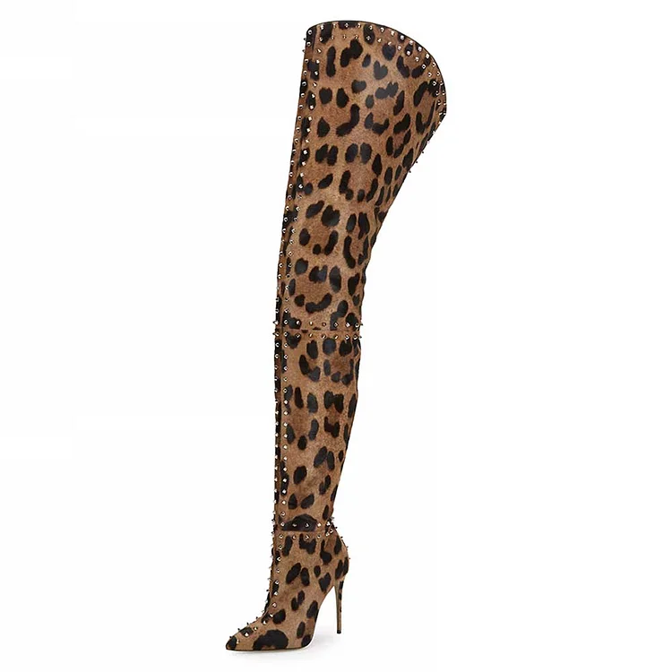 Brown Leopard Print Stiletto Heel Thigh High Boots with Rivets Decor |FSJ Shoes