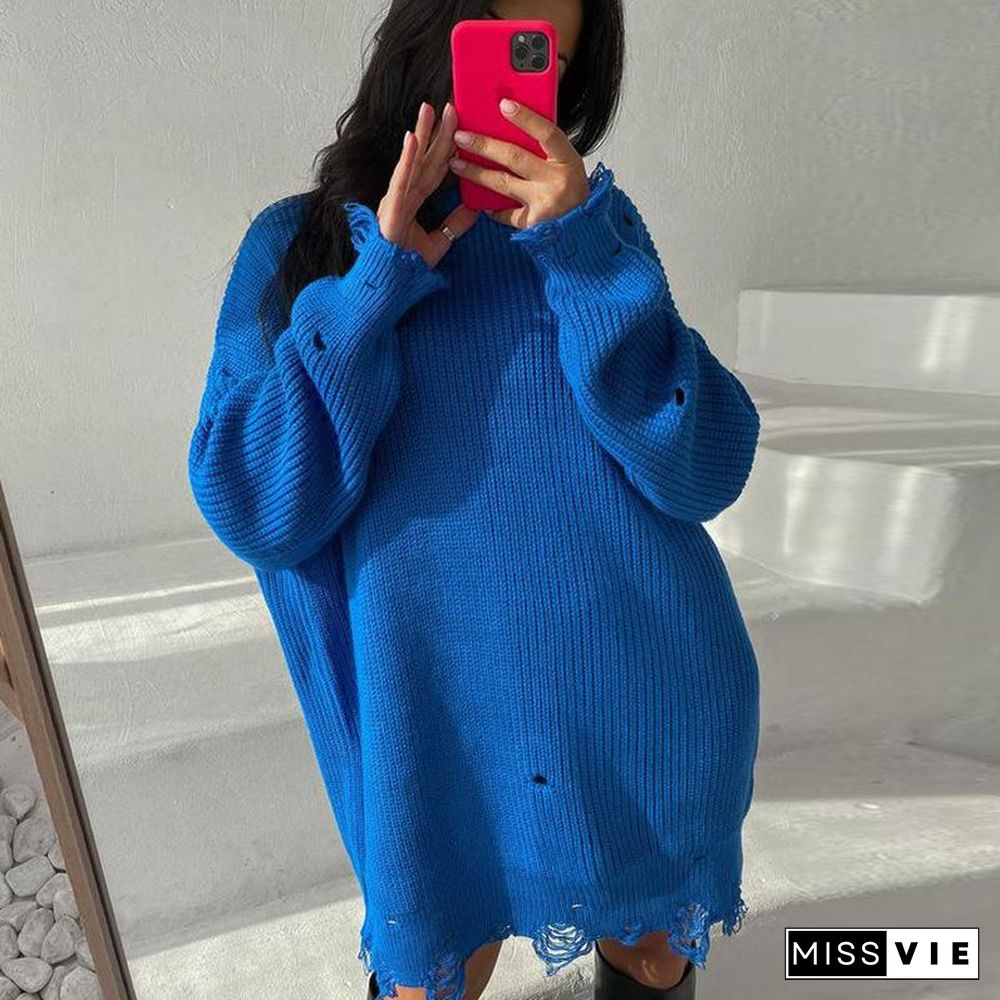 Loose Solid Color Hole Sweater Round Neck Pullover Long Sleeve Sweater