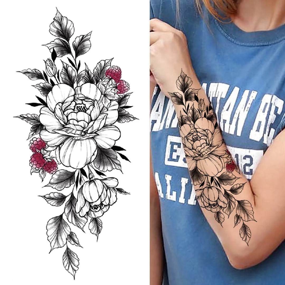 Realistic Fake Peony Temporary Tattoos For Women Girl Black Rose Elephant Flower Tattoo Sticker Tiger Anemone Tatoos Half Sleeve 530-1