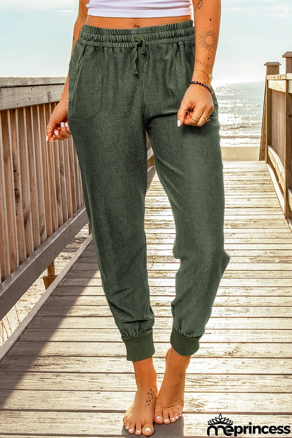 Army Green Elastic Waist Jogger Pants with Pockets