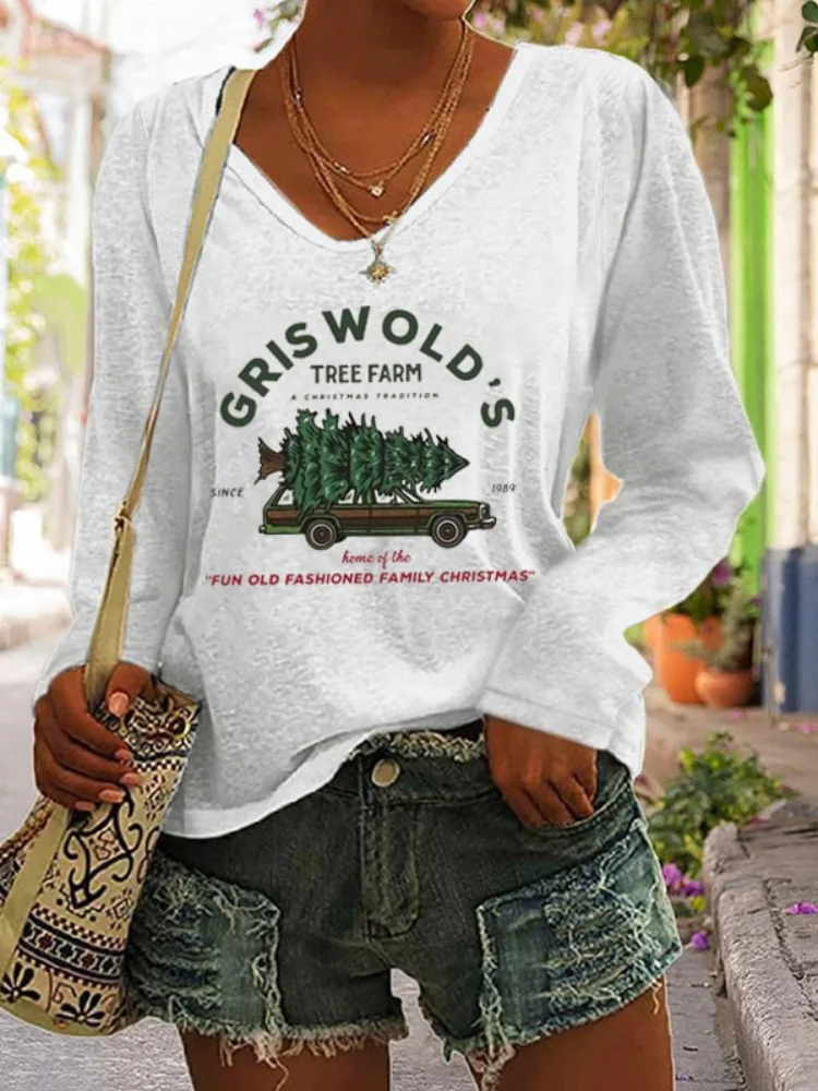 Wearshes Griswold Christmas Print Casual V Neck T Shirt