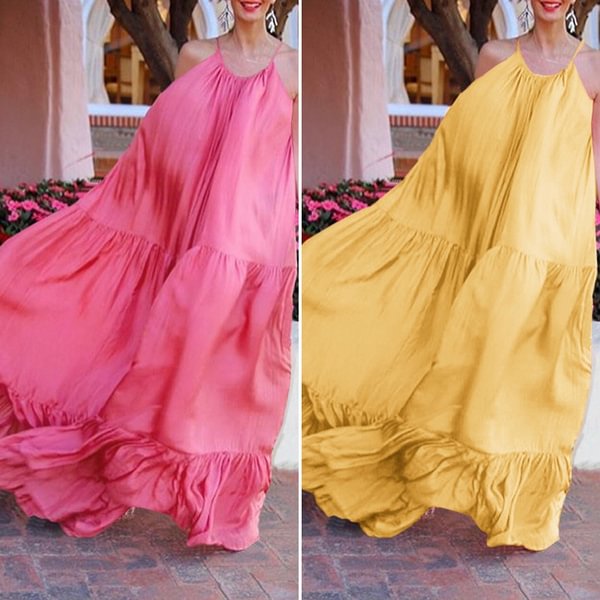 Plus Size Women Maxi Dress Summer Spaghetti Strap Dress Solid Color Loose Holiday Sundress - BlackFridayBuys