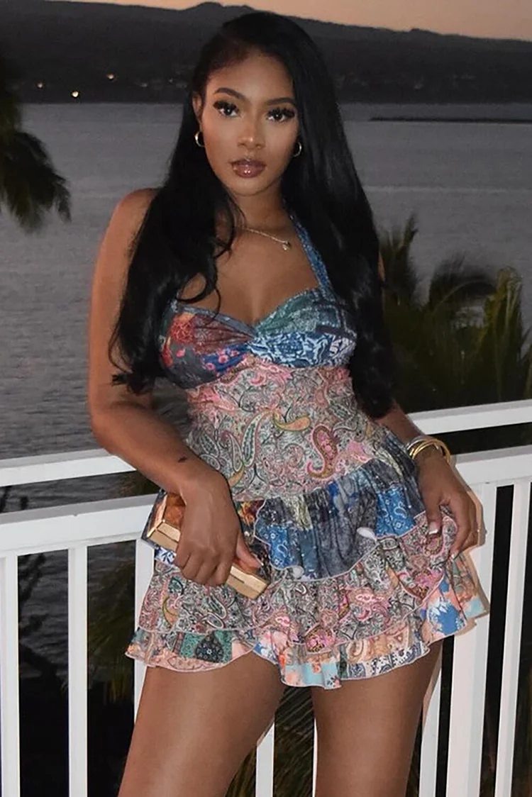 Floral Paisley Print Cinch Waist Tiered Hem Halter Mini Dresses-Blue