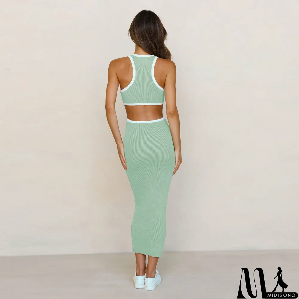 MidiSono - Fashionable round neck pullover tight hollow open back sexy racer dress bodycon midi skirt