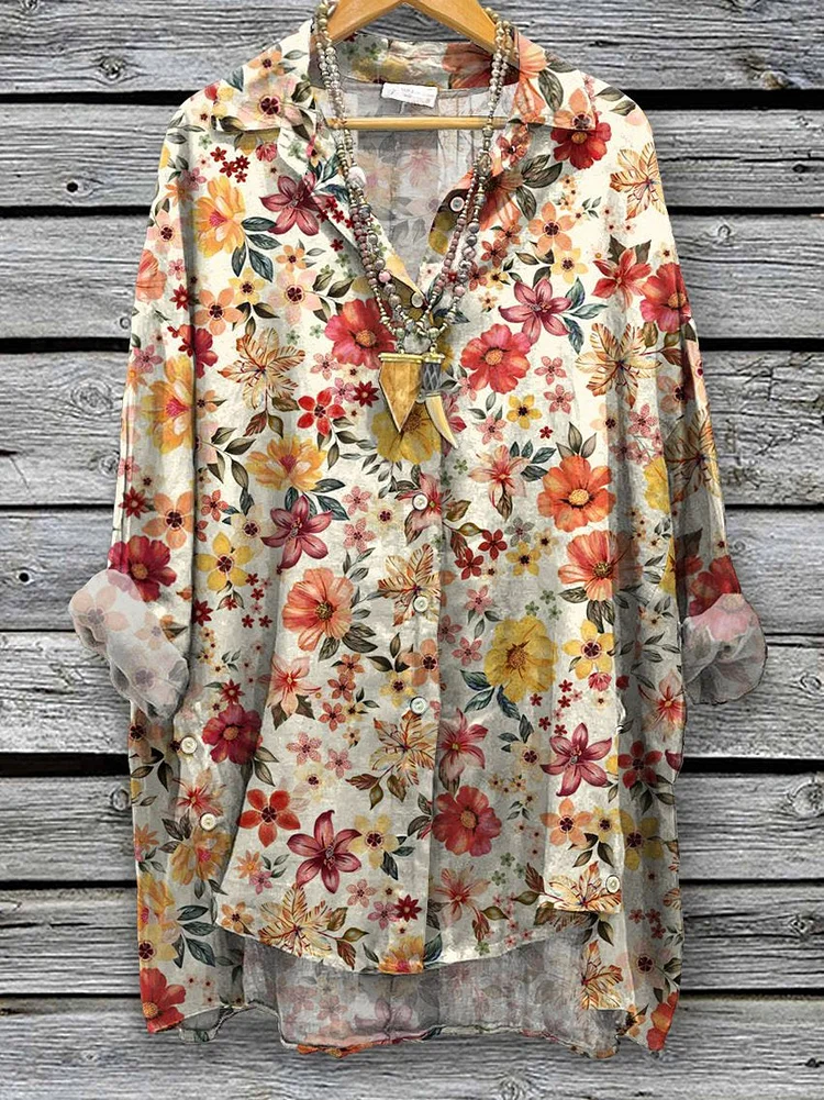 Women's Classic Flowers Spring Print Casual Cotton And Linen Shirt