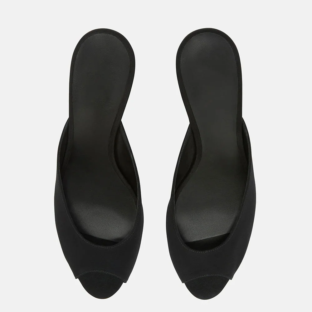 Classic Black Peep Toe Sculptural Heel Open Back Mules for Women