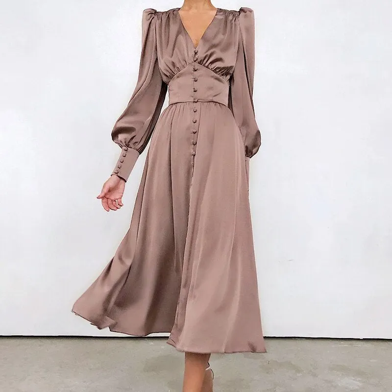 Beige Single Breasted Sexy Dress Party Clud High Waist Satin Long Dress Elegant V Neck Women Midi Dresses Lantern Sleeve