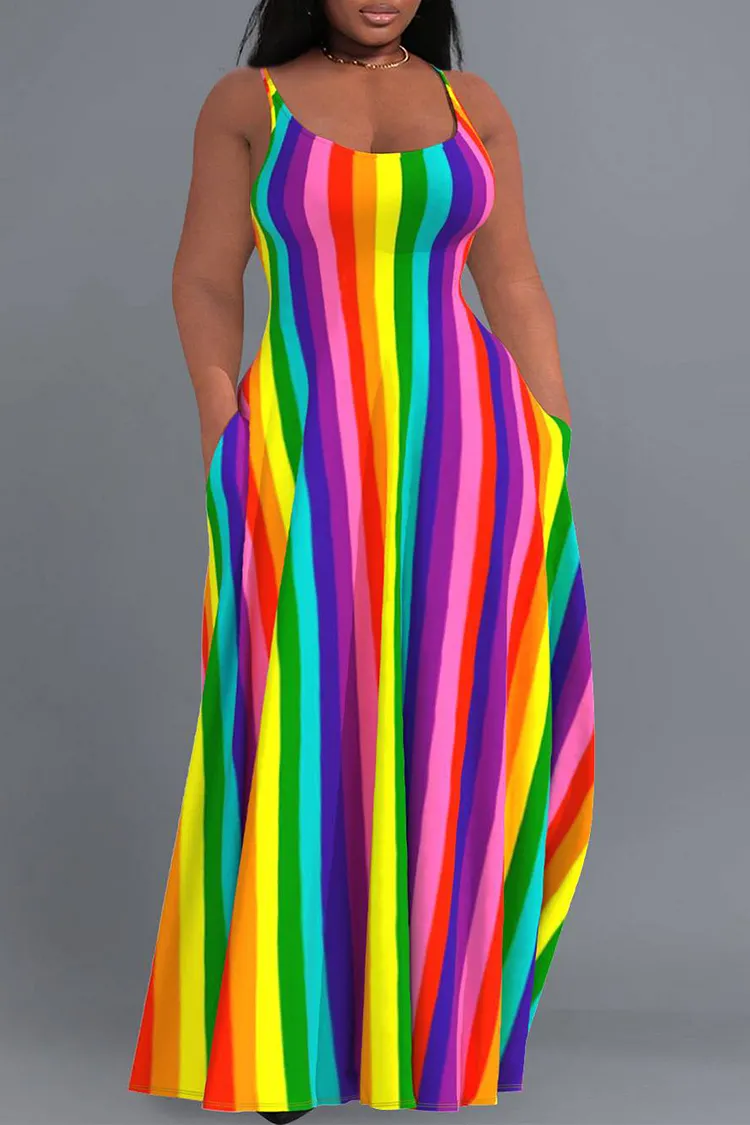 rainbow maxi dresses plus size Plus Size Daily Rainbow Sundress Striped Round Neck Pocket Maxi Dresses