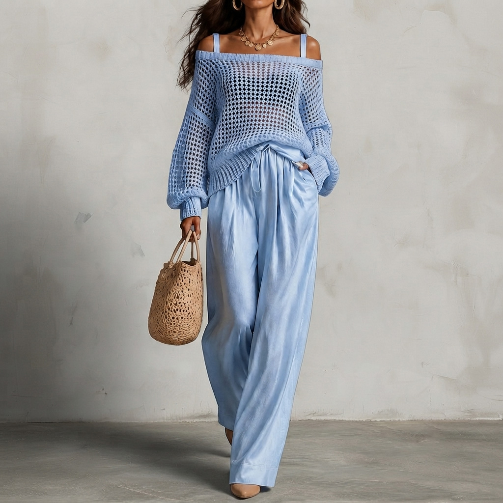 Comstylish Elegance Two-piece Set: Openwork Knit Top And Wide-leg Pants