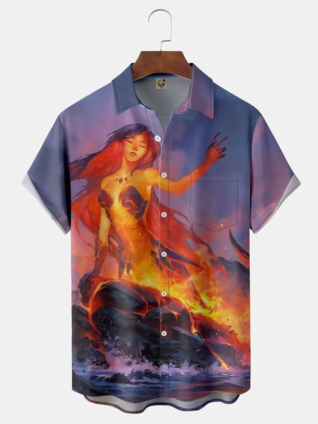 Mermaid Chest Pocket Short Sleeve Hawaiian Shirt