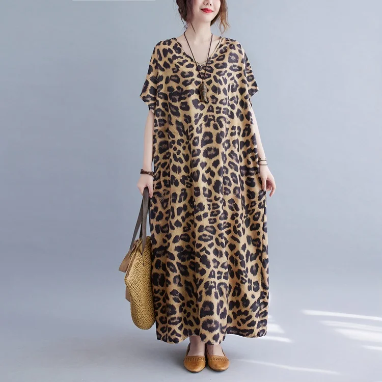 Retro Leopard Print Short Sleeve V-Neck Maxi Dress - yankia