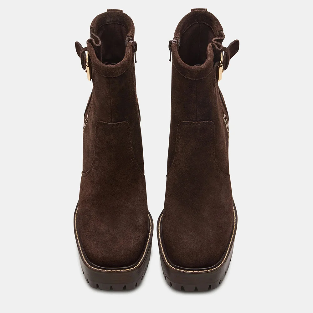 Dark Brown Square Toe Block Heel Side Zipper Buckle Platform Booties