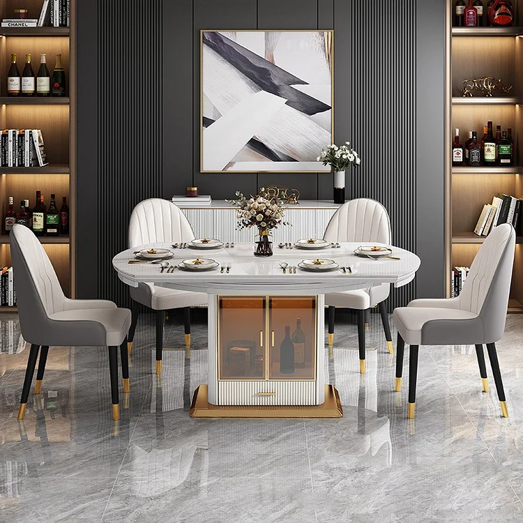 Homemys  Modern Dining Table Sintered Stone Top Expandable with Cabinet Base