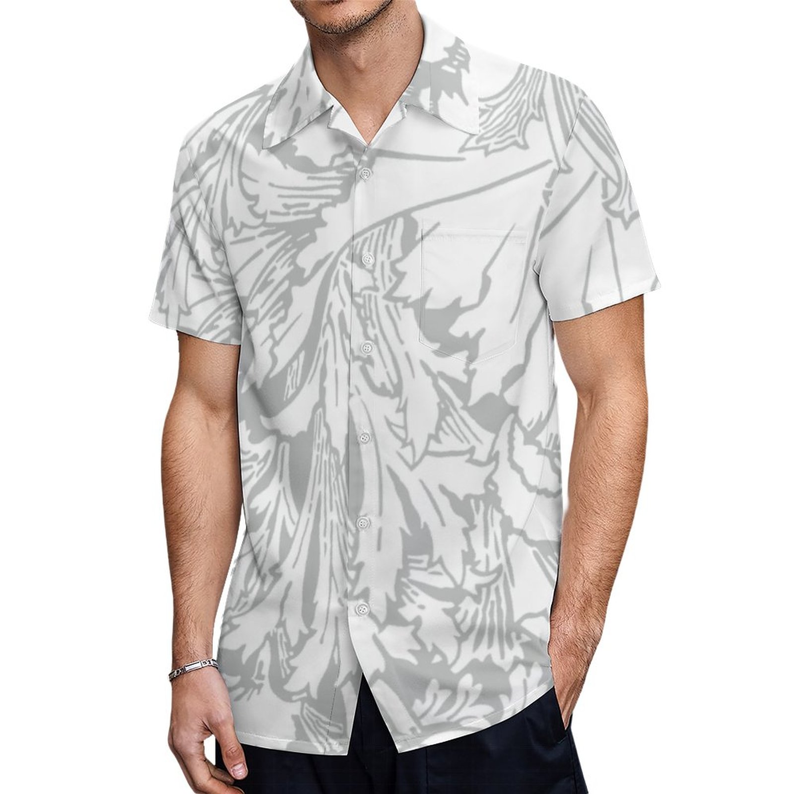 Elegant Modern Vintage Grey White Poppies Hawaiian Shirt Mens Button Down Tropical Hawaii Beach Shirts