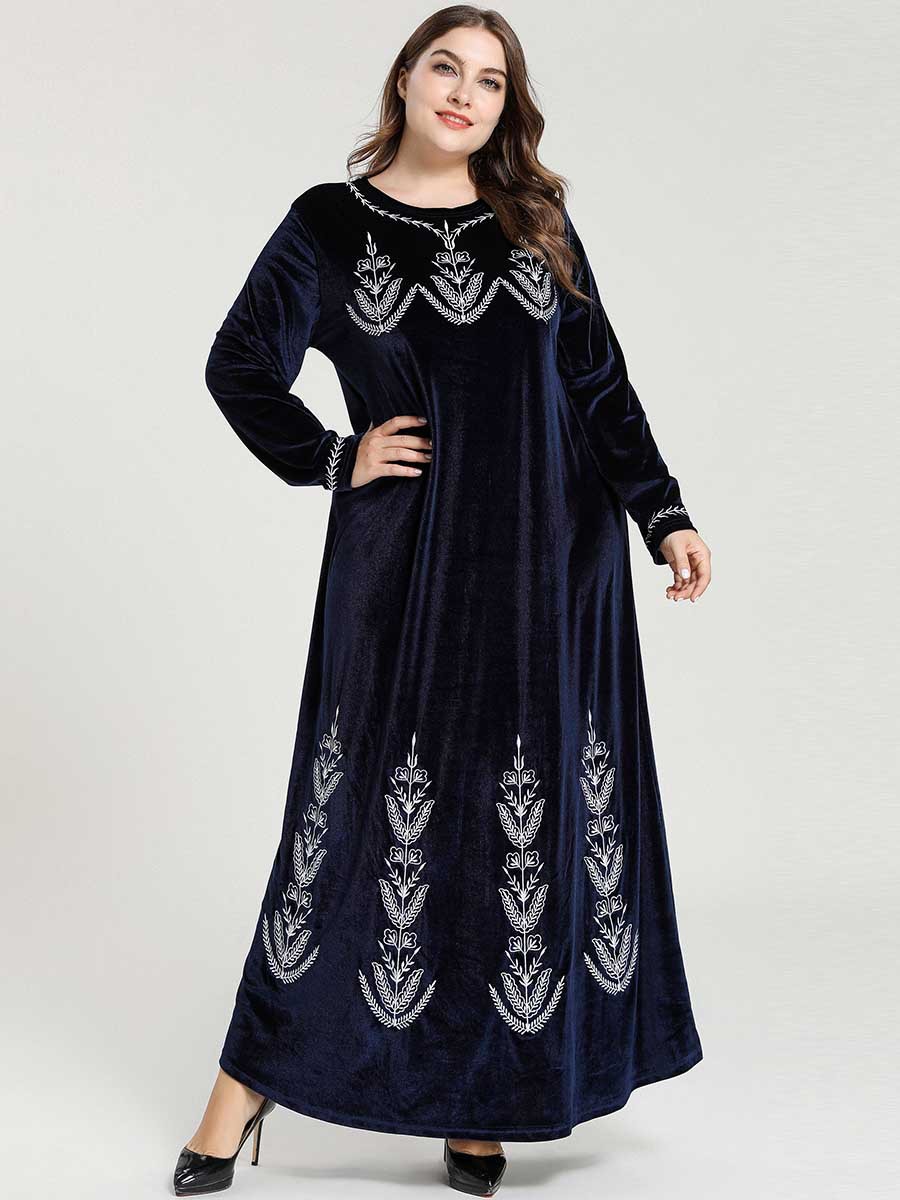 Fashion Botanical Embroidery Long Sleeve Casual Large Swing Velvet Long Dress