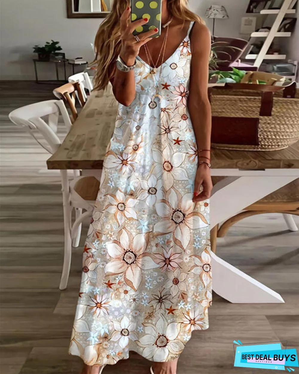 V-Neck Fashion Printed Loose Suspender Dress