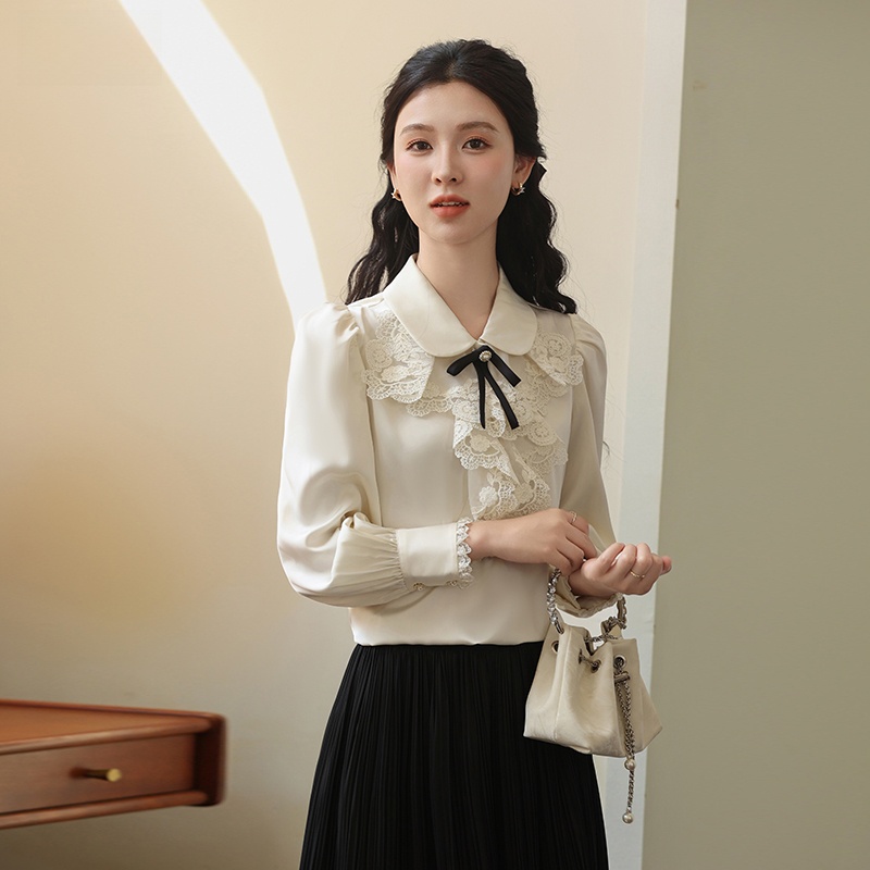 Puella Gentle Embroidered Lace Shirt Women's Spring Fashion Doll Collar Silk Top Ladylike Straight Cut Long Sleeve Polo Neck