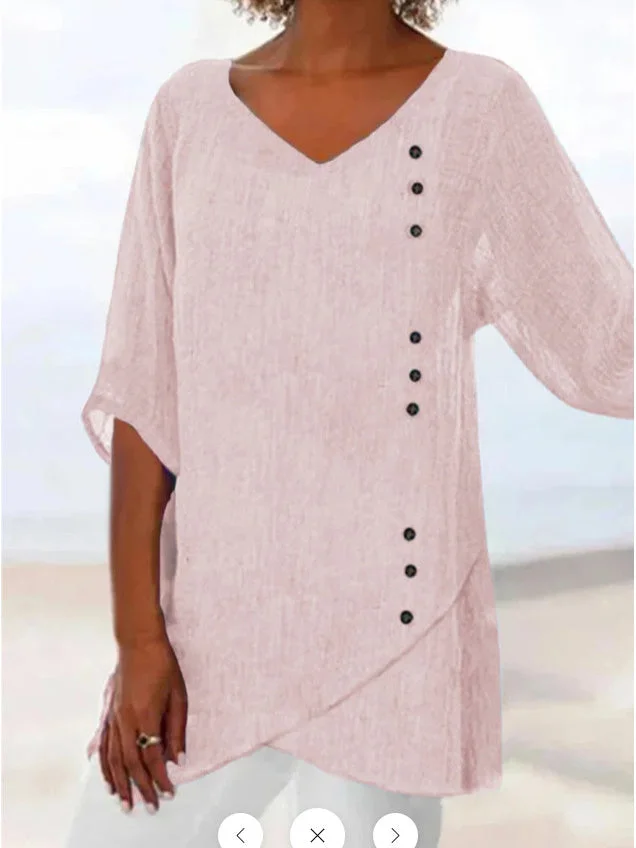 Women Asymmetrical Half Sleeve V-neck Solid Botton Tops