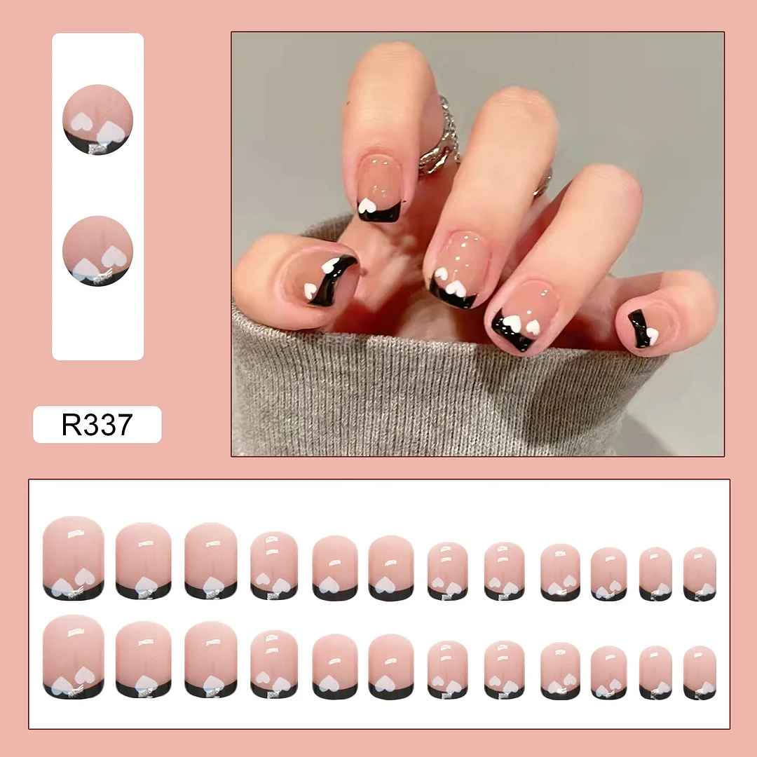 24Pcs/Box False Nails With Glue Red Pink Heart Design Press On Nails Wearable Fake Nails With Rhinestones Glitter Manicure Tips