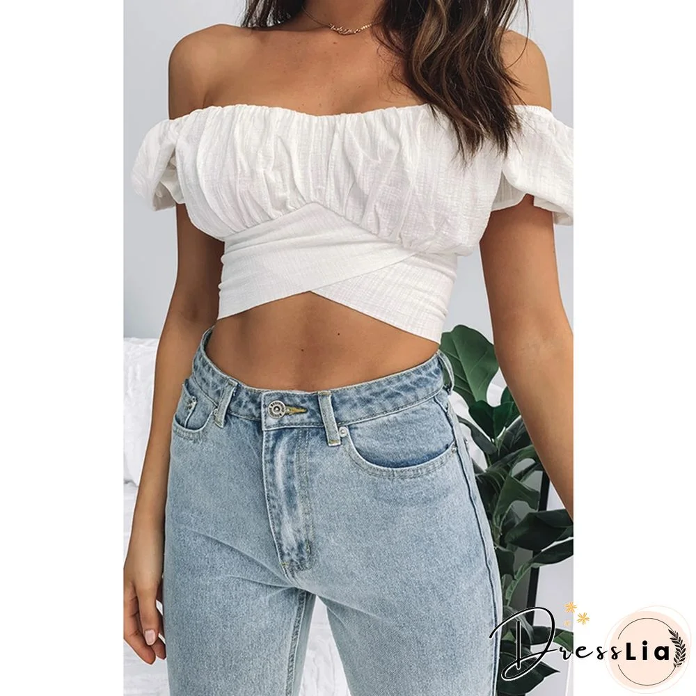 Bohemian Lantern Short-sleeved Umbilical Strap Short Shirt Pleated Solid Color Small Shirt Heritage Wrap Top