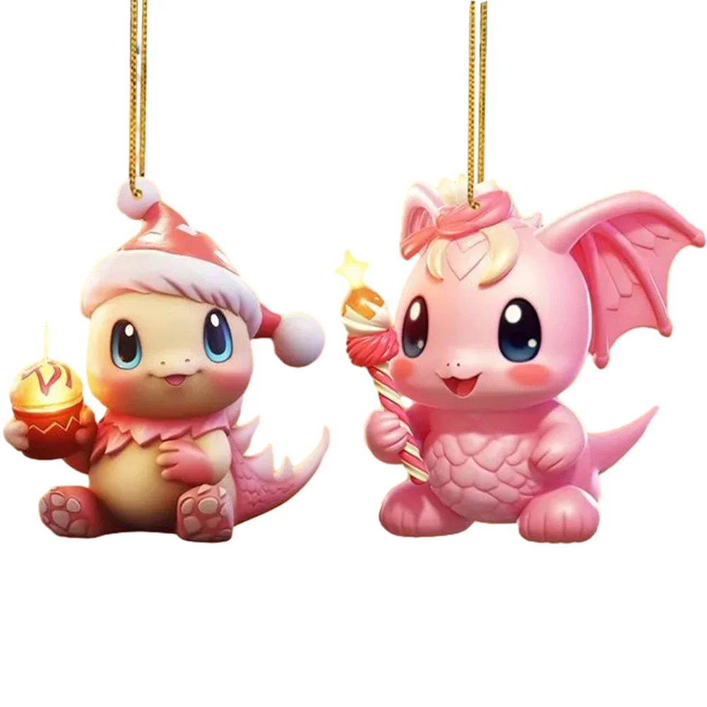 2 PCS Acrylic Pink Dinosaur 2D Flat Xmas Hanging Pendant New Year Birthday Gifts