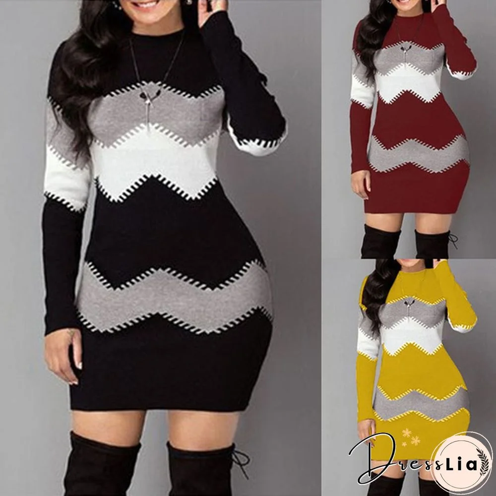 Fashion Women Ladies Long Sleeve Sweater Dress 4 Colors Color Block Long-Sleeved Sweater Bag Hip Skirt Xs-5Xl