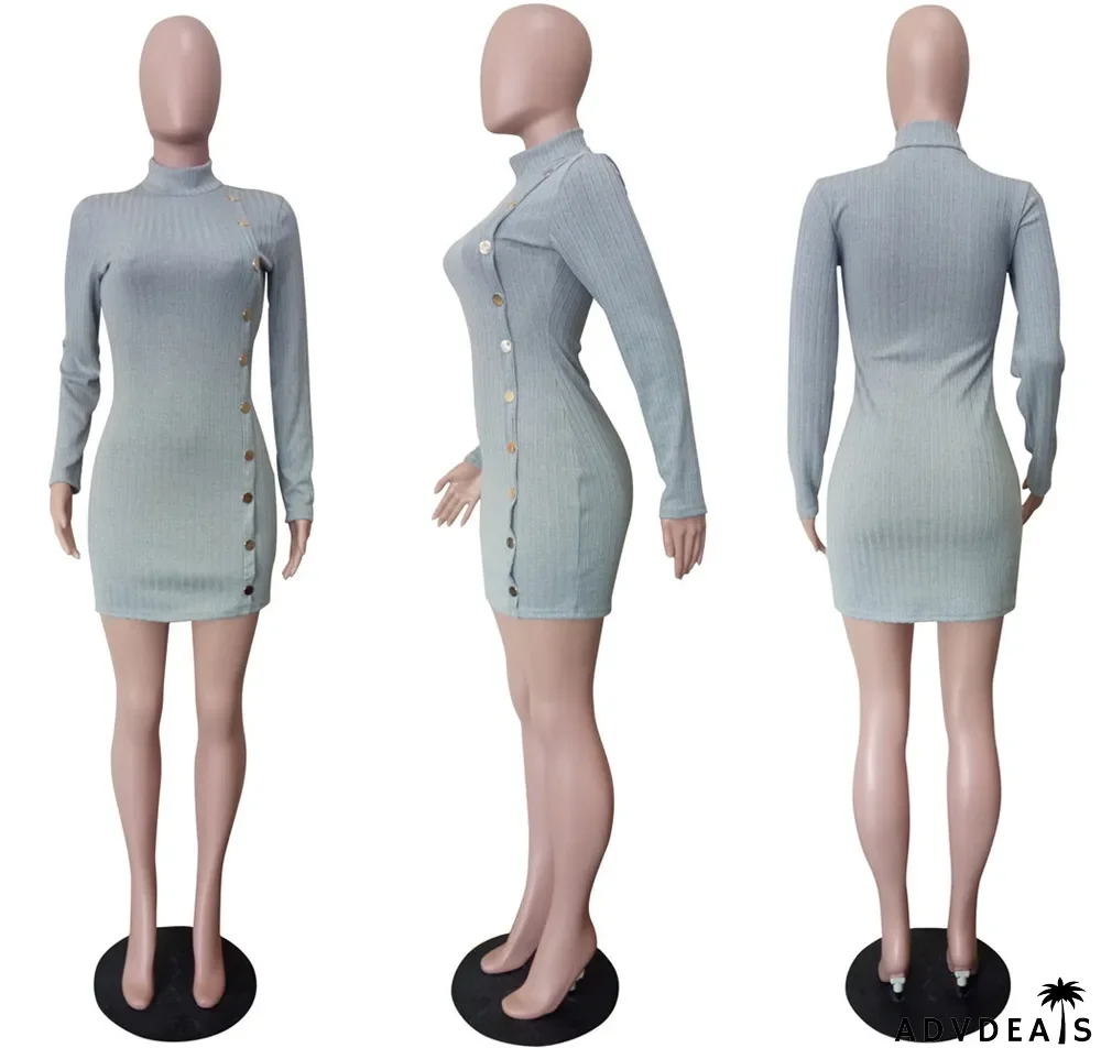 Solid Long Sleeves High Collar Slim Mini Dress