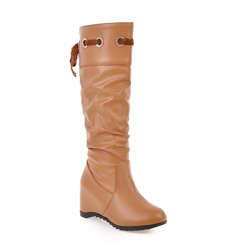 GOOSHOE PU Slope Heel Boots With Lace Up Women's Knee High Boots Flat Bottom Wedges Elevated Office Boots